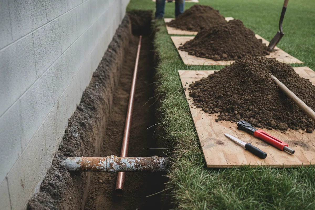 Excavated water line trench during Water Softener Installation in West Roxbury
